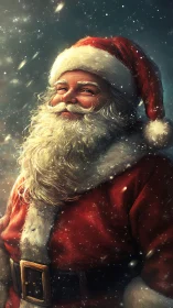 Smiling Santa in softly falling snow spreads cozy cheer.