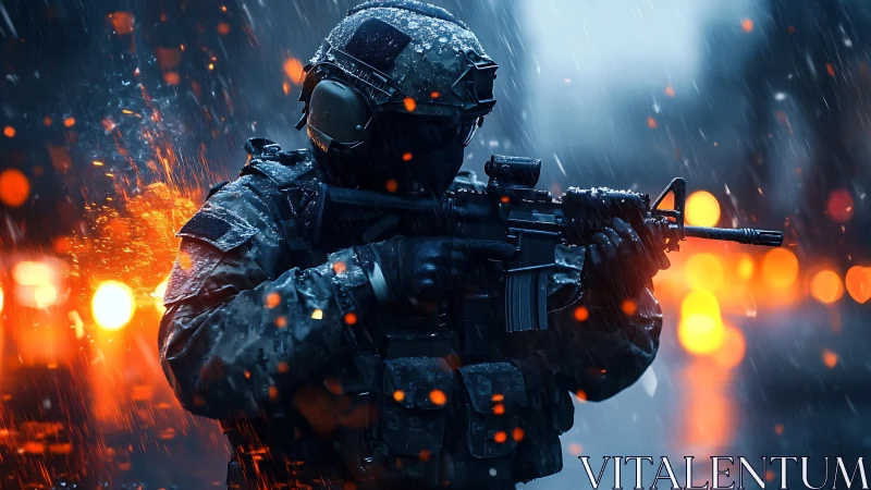 Armored soldier holds assault rifle in heavy urban snowfall