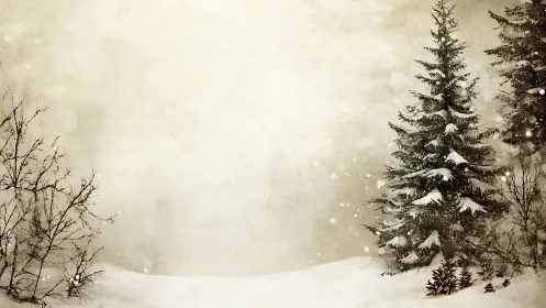 Snow-laden conifer stand against diffuse winter atmosphere.