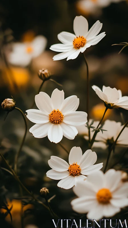 White cosmos flowers with contrasting golden centers and brown buds.