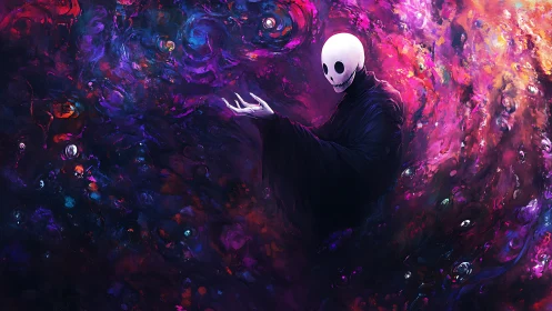 Gentle skull spirit drifting through a swirling cosmic dream.