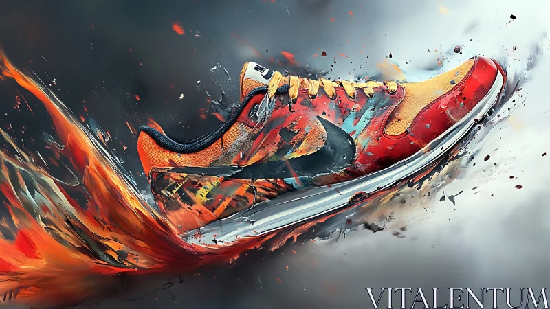 Flame-laced sneaker rockets through liquid color storm.