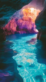 Glowing sea cave passage washed in dreamy sunset color.