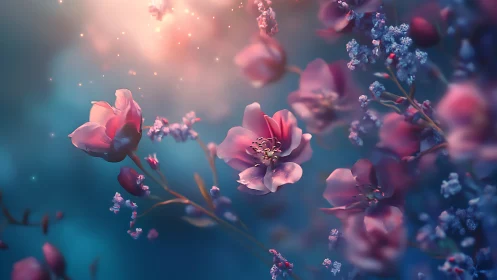 Luminescent Floral Composition: Peony Blossoms with Bokeh Particles.