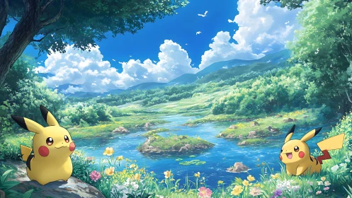 Joyful electric creatures in an idyllic river valley landscape.