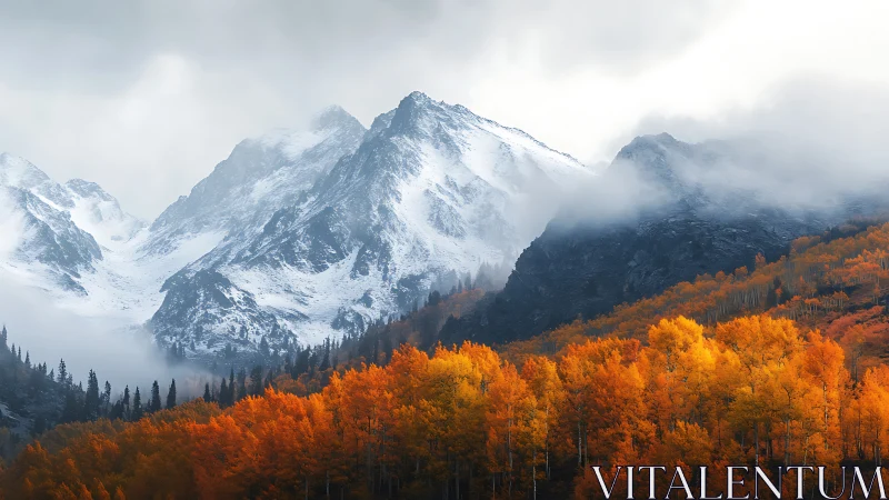 Golden autumn forest glowing beneath misty snowy peaks.