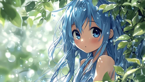 Hydrated blue‑haired anime subject with refracted leaf bokeh.