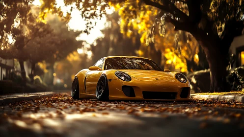 Photorealistic yellow sports coupe in autumn street bokeh focus.