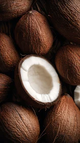Close-up macro study of whole coconuts and halved coconut