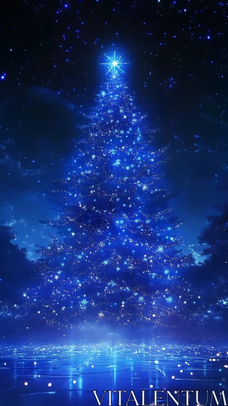 Luminous blue Christmas tree under starfield with glowing floor