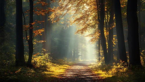 Golden Autumn Forest Path Glowing with Peaceful Light