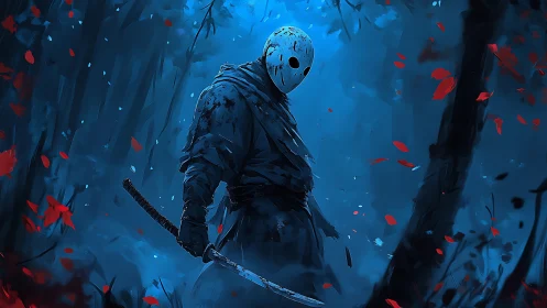 Masked figure with katana stands in stylized blue forest