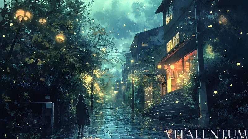 Rainy night street with illuminated shop and lone figure.