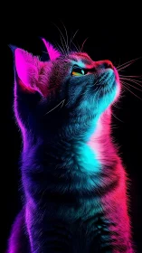 Neon lit cat profile in vivid cyan and magenta glow.