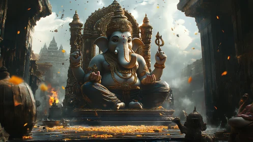 Golden temple afternoon with serene elephant deity vision.