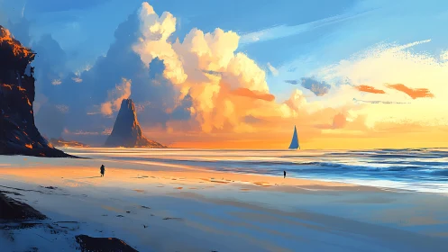 Dramatic Sunset Over Volcanic Beach with Solitary Sailboat