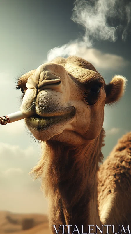 Camel close-up holding lit cigarette in desert scene.