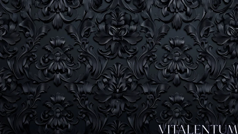 Ornate black baroque floral wallpaper with sculpted relief