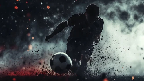 Intense soccer player racing through mist and flying sparks.