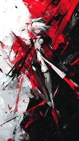 Crimson-shattered heroine slicing through monochrome storm.