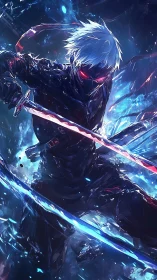 Cybernetic swordsman in fractured neon vortex duel.