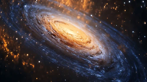 Spiral galaxy core in luminous blue and gold nebular halo.