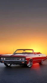 Classic red convertible rendered against vivid sunset horizon
