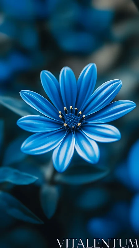 Blue Daisy with White Striations Against Dark Background.