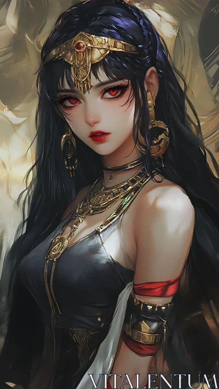 Dark-haired fantasy woman with gold jewelry and red eyes.