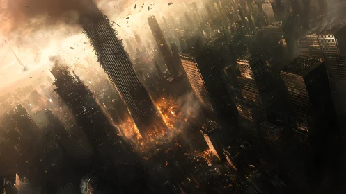Collapsing skyscraper dominates a city in fiery ruin.
