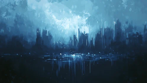 Abstract nocturne skyline with vertical luminance strokes.