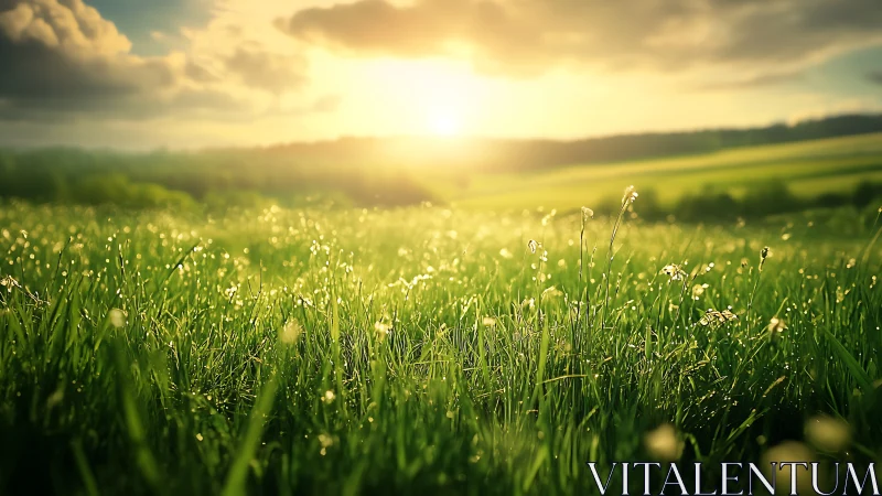 Sunlit grass field is viewed at low angle under cloudy sky