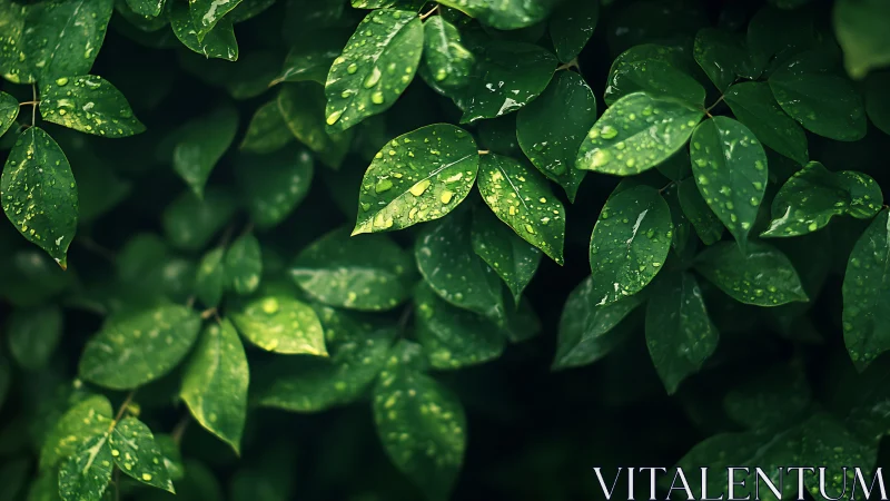 Green foliage close-up with water droplets on broad leaves.