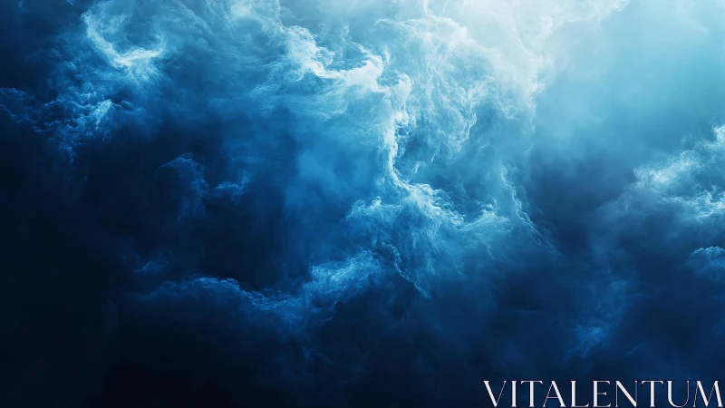 Abstract blue cloudscape with ethereal lighting and dramatic depth.