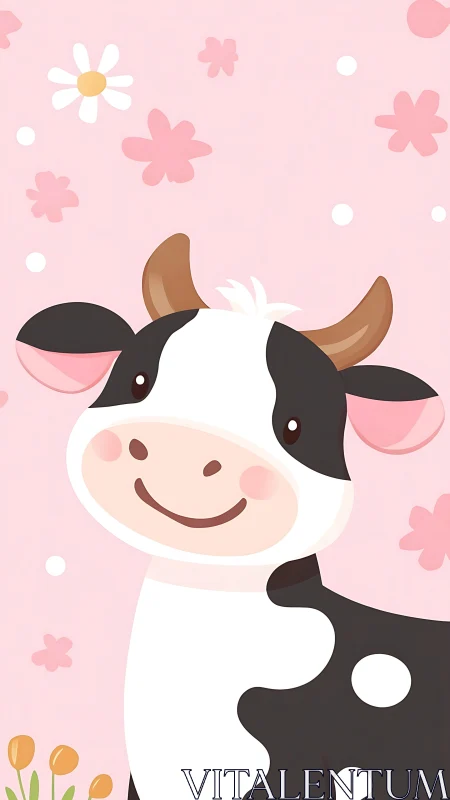 Cute cartoon cow on pink floral spring background.