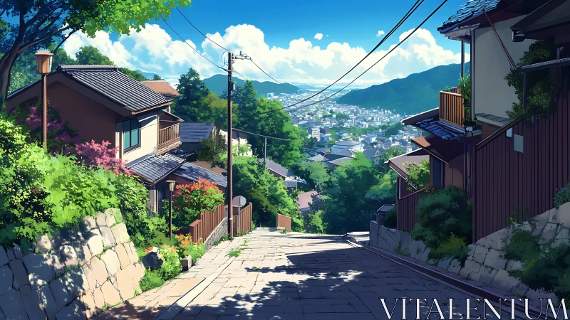 Sunlit hillside street overlooks distant Japanese city