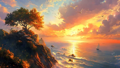 Sunlit cliff tree above glowing seascape at sunset.