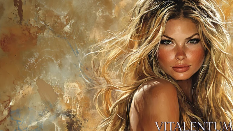 Portrait of blonde woman against abstract textured backdrop.