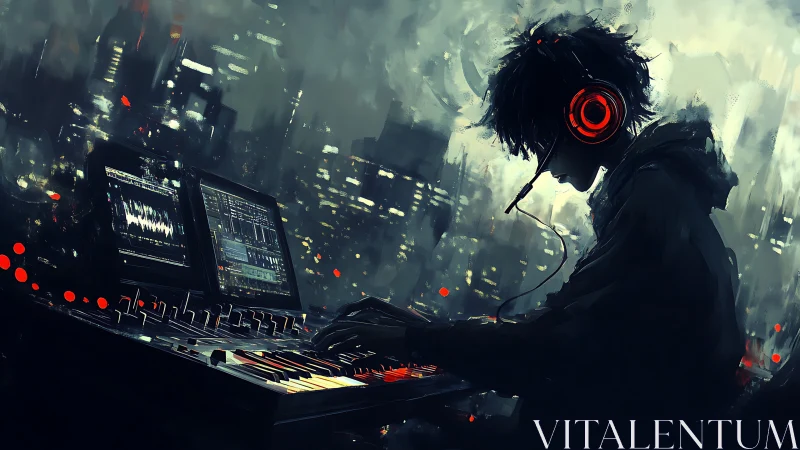 Nocturnal cybernetic producer at urban audio workstation.