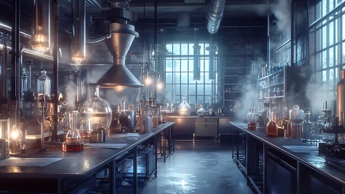 Moody industrial chemistry lab with glowing glassware.