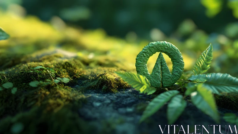 Eco symbol made of leaves in lush forest, nature-inspired style.