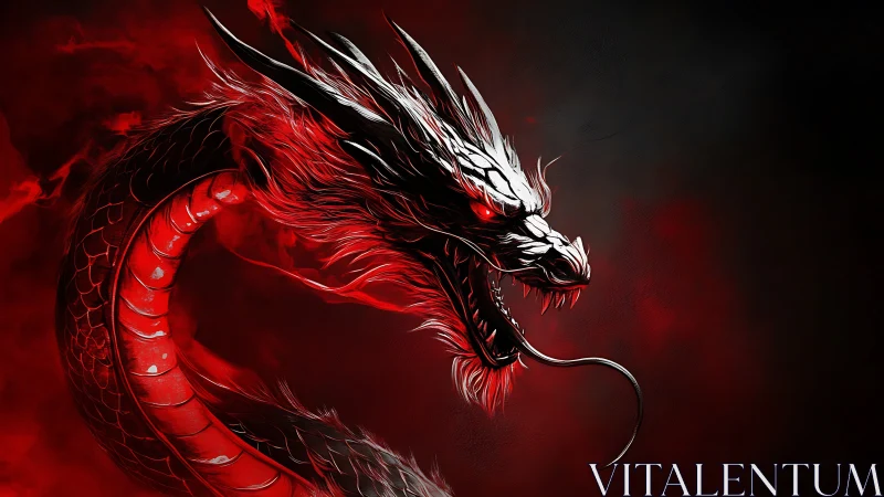 Crimson serpentine dragon arcs through smoke in high-contrast digital