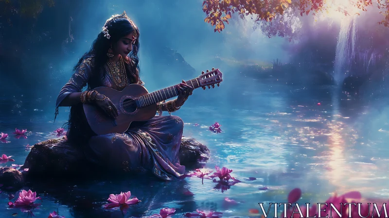 Woman with guitar by blue pond amid lotus flowers at dusk.