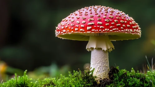 Single fly agaric mushroom stands in sharp forest focus