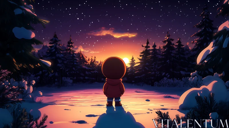 Backlit child observing winter sunset with stylized rim lighting