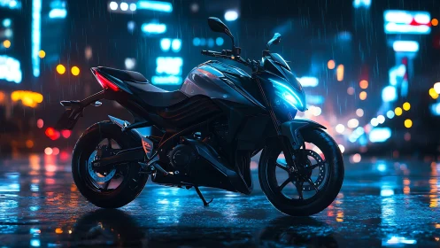 Modern sport motorcycle stands on wet neon city street at night