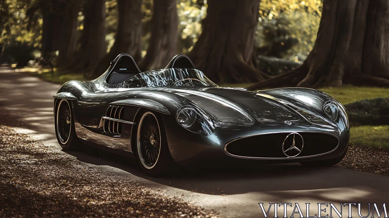 Photorealistic vintage roadster on woodland driveway, low-slung profile.