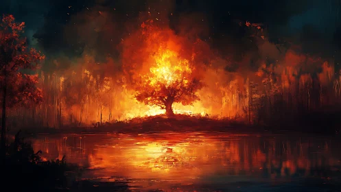 Infernal Arboreal Conflagration: Radiant Canopy Tree Engulfed in Luminescent Flame Emission