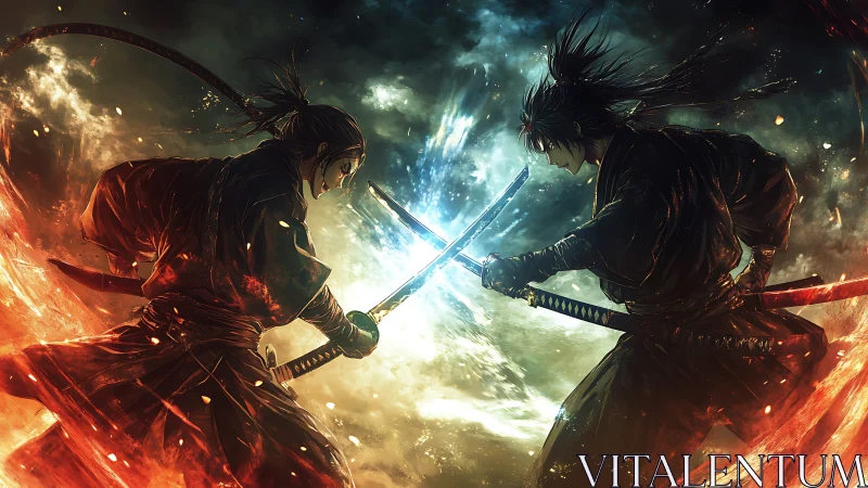 Elemental duel of opposing samurai in high-energy convergence.