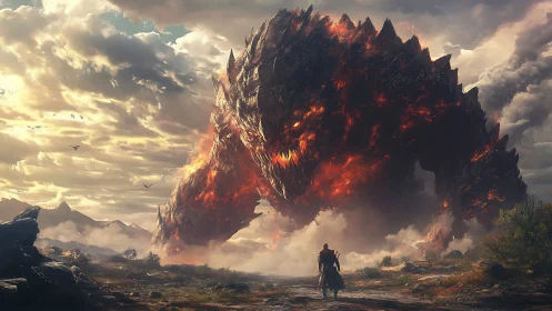 Sky-scarred horizon trembles as lone hero confronts ember titan